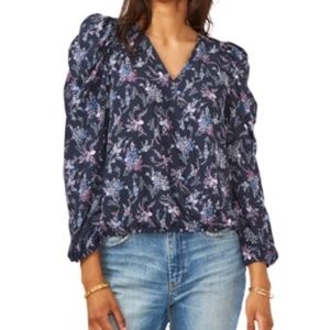 Sam & Jess Womens Small Surplice Puff-Sleeve V-Neck Top Blouse Blue Pink Floral